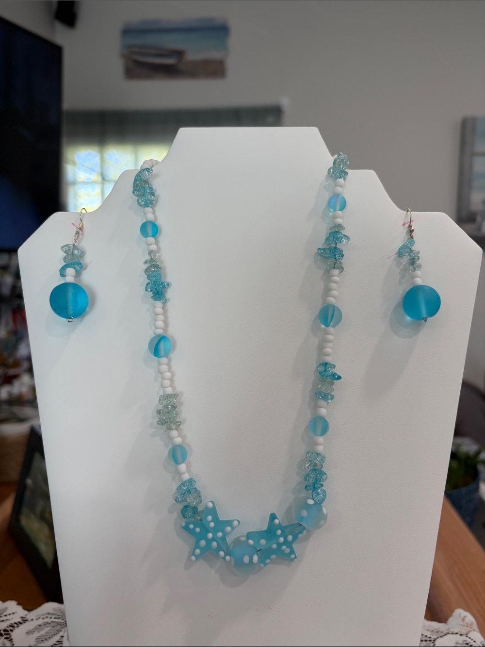 Aqua Star Bead Necklace and Earring Set